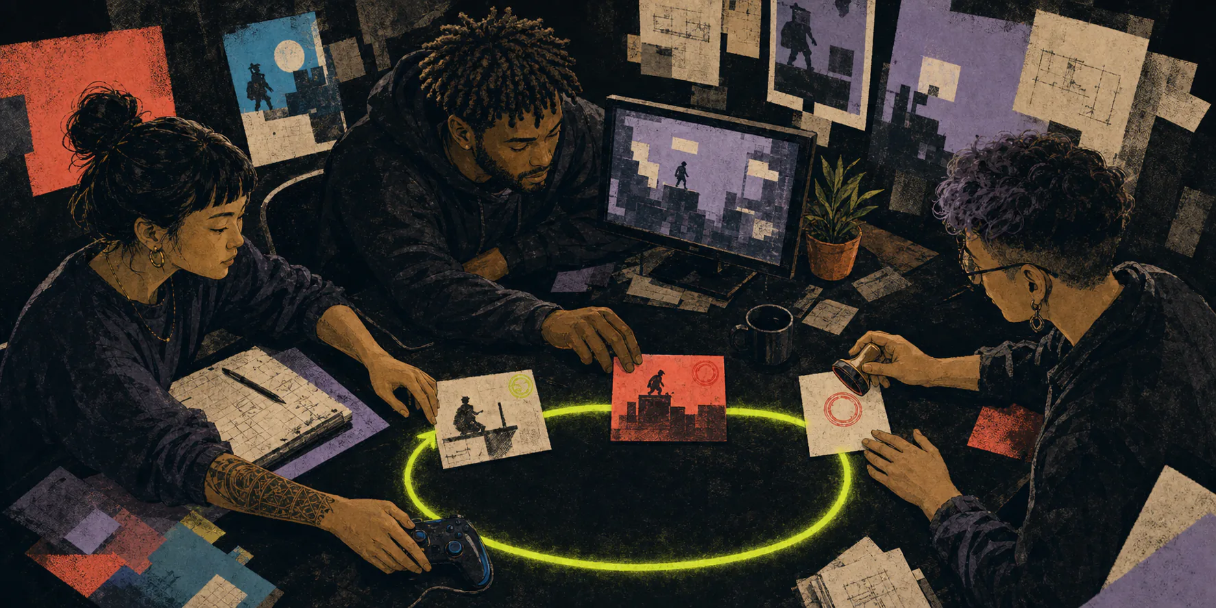 Three testers, a maker, and an independent tester link playtests, a finding, a later build, and a re-test into one closed loop